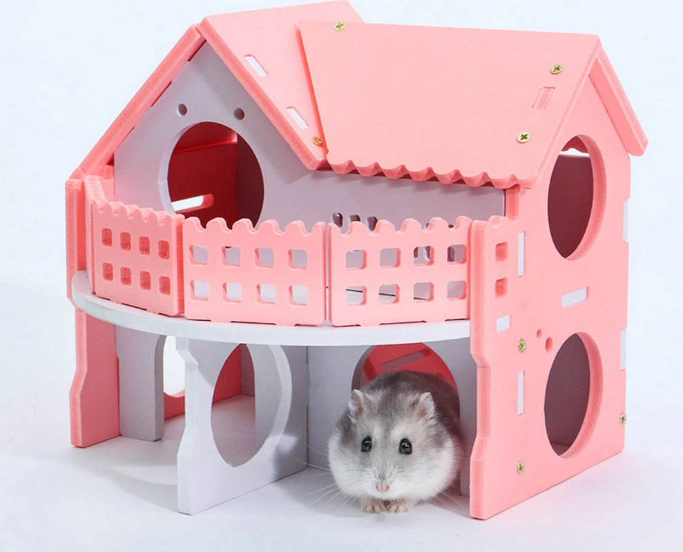 2 Story Hamster House with Stairs Lovely Pet Pink Castle Hideout Mouse Rat Hamster Cage Nest Two Layer Wooden House Sleeping Exercising Playing Toy Wbb17424