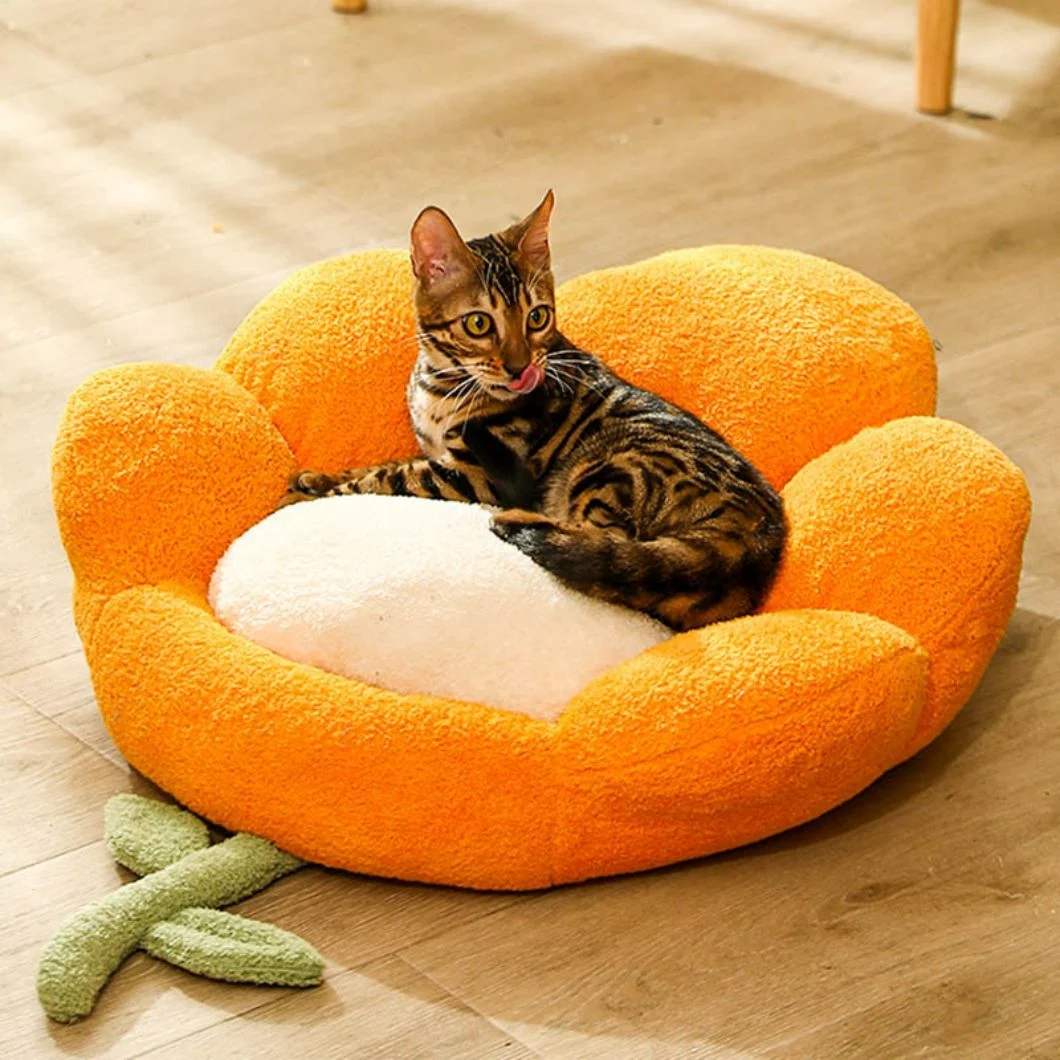 Cute Cat Hiding Warm Cozy House Bed Orange Flower Pet Sleeping Bed